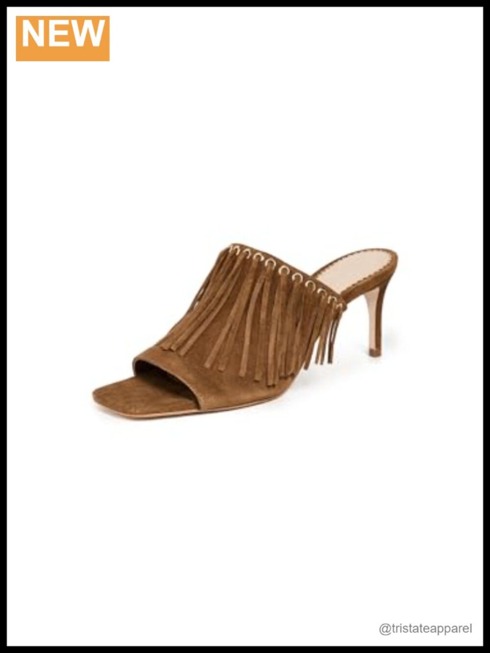 Suede Fringe Mule Heeled Sandal with Ankle Strap and Stiletto Heel